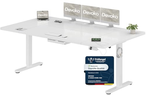Devoko Höhenverstellbarer Schreibtisch 200x100cm mit Typ-C Ladeanschluss, Schreibtisch Höhenverstellbar Elektrisch, Mobiler Elektrisch Computertisch mit Kabel Management Tray, Weiß