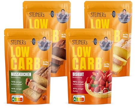 STEINER´s Low Carb Back Box klein | 78–98% weniger Kohlenhydrate | Schokoladenkuchen, Rührkuchen, Nusskuchen & Biskuit | Glutenfrei, ballaststoffreich & kalorienreduziert | 4er Set – je 1x pro Sorte