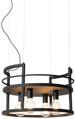 Qazqa Esstisch Industrie Pendelleuchte, Pendellampe - Cage Rack - Schwarz, Rund, 4-flammig, 57cm, Ideal als Esszimmerlampe und Wohnzimmerlampe