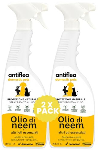 Dermazoo - Antiflea Domestic Pets Repellente Spray per Cani Gatti 750ml - A base di Oli naturali di Neem e Lavanda - Protezione contro Pulci, Zecche, Zanzare, Pappataci (2x 750ml)