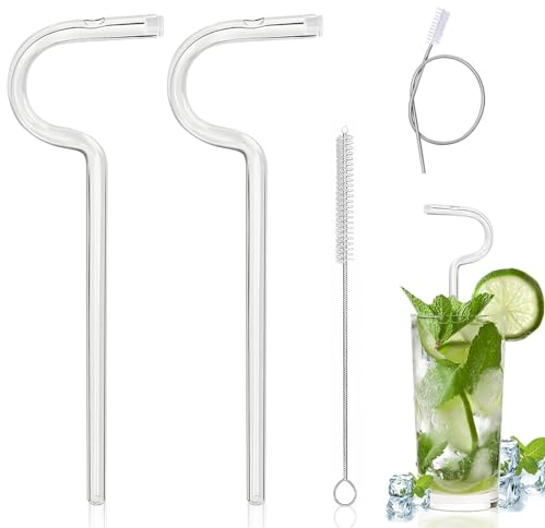 Zhixifan 2 Stück Anti-Falten Glas Strohhalme Transparent, Wiederverwendbare Gebogene Glasstrohhalme, mit Harte Reinigungsbürsten + Weiche Reinigungsbürsten, für Becher, Tassen, Flaschen