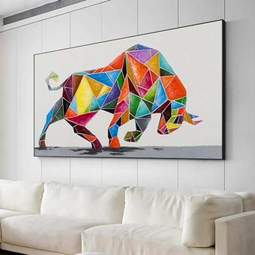 ZHUOYA Abstraktes, farbenfrohes Stier-Ölgemälde auf Leinwand, große Natur, kräftiges Tiergemälde, moderne Wandkunst, Wohnzimmer-Heimdekoration, 40 x 80 cm, rahmenlos