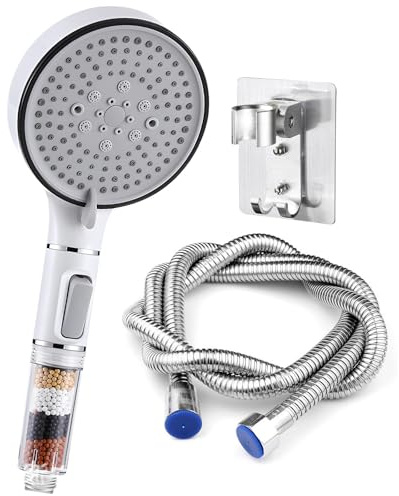 Alcachofa de Ducha Alta Presión con Flexo 2M y Soporte Adhesivo - Ducha de Mano 120mm, 5 Modos de Chorro, Filtro Iónico de 4 Capas, Universal G1/2 Ahorro de Agua para Agua Caliza