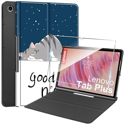 Hülle für Lenovo Tab Plus 11.5'' (2024) Tablette Case Cover +1 Stücks Schutzglas Schutzfolie,Ultra Schlank Superleicht Dreifach Falt Klapp Schutzhülle Case -Faule Katze
