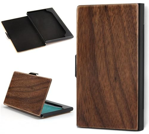 MADERICO Kartenetui aus Holz für Herren, minimalistische Geldbörse aus Metall und Holz, für Kreditkarten und Visitenkarten, kompaktes und elegantes Etui mit Metallclip und elastischem Band, Walnuss