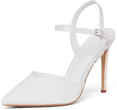 GENSHUO Elegante High Heels mit spitzer Zehenpartie und 10cm Stiletto, Sexy Damenschuhe mit Knöchelriemen für den Abend, weißer Satin, 39 EU