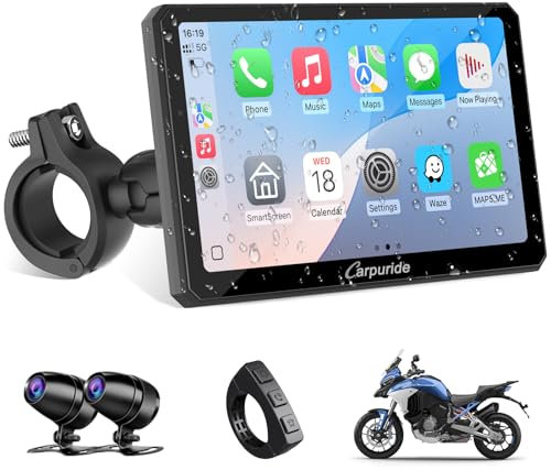 Carpuride W712D Motorrad Carplay Bildschirm mit 1080P Doppelkameras, Kabellos CarPlay und Android Auto, 7 Zoll Wasserdichtem Touchscreen, BT Audio, Verdrahtet Controller, Loop Aufnahme, Navigation.