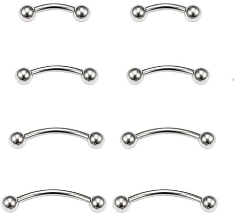 Jewel Barrel Lot de 8 piercings incurvés pour sourcil, tragus, daith, rook, hélix | Bijoux de corps en acier chirurgical 16G pour homme et femme | Longueur de la barre avec extrémités sphériques 6 mm