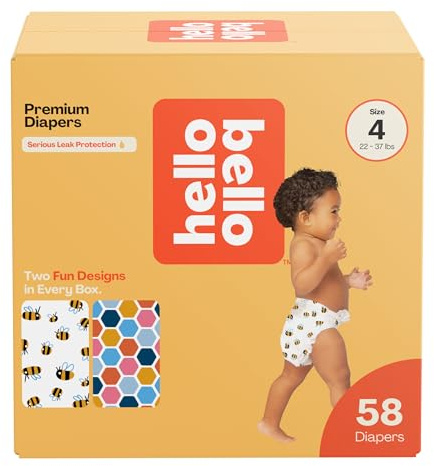 Hello Bello Premium Diapers Size 4 (22-37lbs), Busy Bees & Hive Five Designs, 58ct Club Box