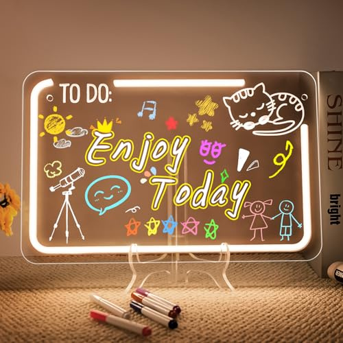 Looklight Leuchtendes LED Zeichenbrett für Kinder Notiztafel LED Zeichentafel Acryl List DIY Memoboard mit Farben, USB-Kabel, Schalter & 7 Markern für Büro, Schule, Zuhause, 37,5 * 24,5 cm