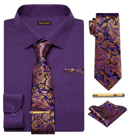 YourTies Purple Dress Shirt and Tie Set for Men Button Down Shirts with Tie