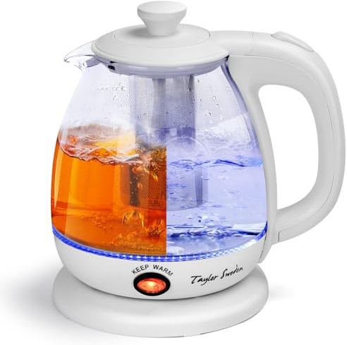 Taylor Swoden Wasserkocher Glas 1 Liter, 2200 W, Elektrischer Wasserkocher mit LED-Beleuchtung, BPA-frei, Warmhaltefunktion, mit Teesieb und herausnehmbarem Filter, Weiß(1)