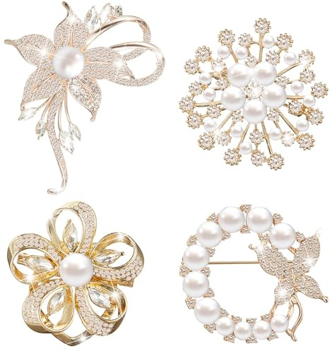 Xanthelle Juego de broches para mujeres, 4 elegantes broches en oro y oro rosado con perlas y cristales, pasadores para reducir y decorar escotes
