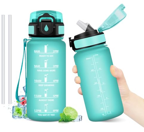 Botella Agua 500ml, Botella con Pajita, Cantimplora Reutilizable,Botellas Motivacional con Marcador de Tiempo, Botellas sin BPA, Cantimplora para Gimnasio, Oficina, Escuela, Sport, Bicicleta, Yoga