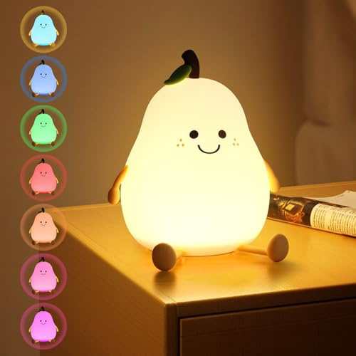 URAQT Cute Smile Pear Night Light, Soft Silicone Kids Nursery Nightlight LED Touch Light, USB Rechargeable Baby Sleep Dimmable Bedside Lights, Mini Table Lamp for Children Toddlers Women Teen Girls
