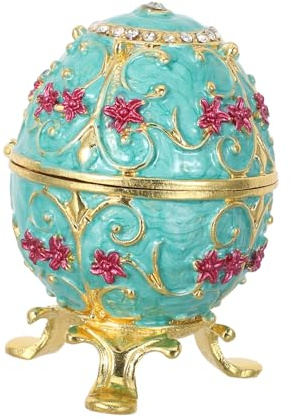 TOPBATHY Vintage Hand Painted Enamel Egg Jewelry Box with Rhinestone Accents European Style Metal Trinket Ring Holder for Elegant Tabletop Decoration and Jewelry Storage