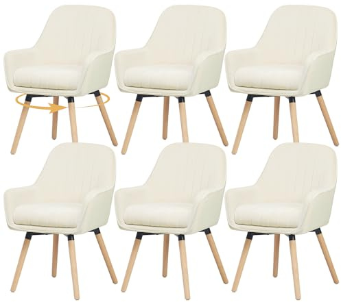 ELUCHANG Esszimmerstühle 6er Set, 360° Drehbar, 12cm Dicke Polsterung Stuhl mit Hohen Armlehnen, Cremeweiß Samt, bis 150 kg Belastbar, für Schlafzimmer Küche Wohnzimmer