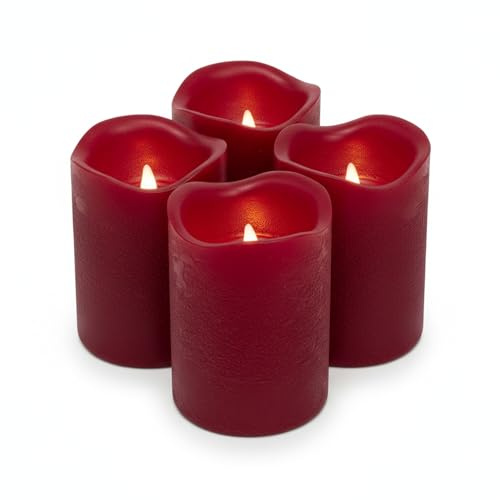 ToCi 4 x LED Kerzen Dunkelrot Ø 7,5 x 12,5 cm – Flammenlose Echtwachskerzen mit flackerndem Licht & Timer - LED-Stumpenkerzen mit An-/Ausschalter - Batteriebetriebene Dekokerzen für Advent & Zuhause