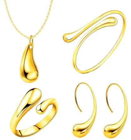 XIGAWAY Juego de 4 piezas de joyería, patrón de ondas, dorado, plateado, galvanizado, collar, pulsera, aretes, anillo, S, Metal, No es una piedra preciosa