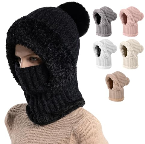 3-In-1 Sturmhauben Mütze Mit Schal Und Maske, Strickmütze für Damen im Herbst und Winter, BalaclavaDamen, Schalmütze Damen, Winddichter Nackenwärmer Für Radfahrer, Für Täglich und im Freien (Schwarz)