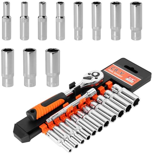 DARENYI 13 Piezas Juego de llaves de trinquete de 1/4 pulgadas, juego de herramientas de enchufe de accionamiento con barra de extensión de conector de 100 mm y 11 enchufes (4-14 mm)