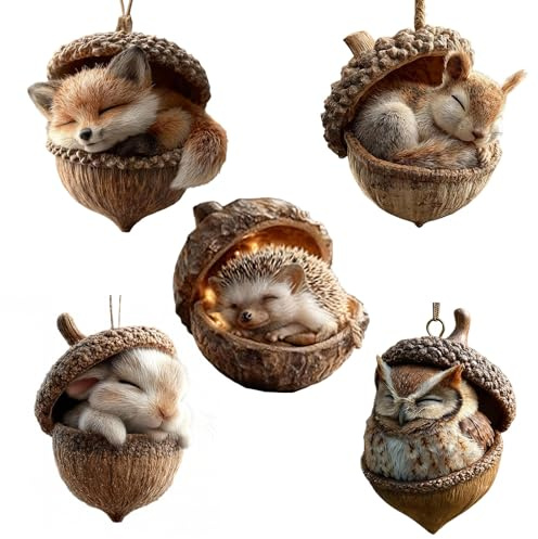 3D Weihnachtsbaumschmuck Waldtiere Eichels Ornamente, Tier Hängenden Weihnachtsschmuck Anhänger, Niedliche Eicheln Und Tannenzapfen Acryl Waldtier Christbaumschmuck für Wohnzimmer (5PCS)