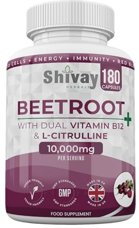 Beetroot Complex 10,000mg with Dual Vitamin B12, L-Citrulline, Black Pepper - 180 Vegan Capsules | High Strength Beetroot Supplement | 6% Nitrates – Energy, Fatigue Reduction | UK Made Shivay Herbals