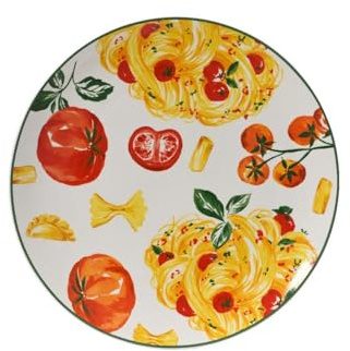 Decoris tallrik porslin 26,9 x 2,7 cm med pastamotiv – mattallrik pastatallrik mattallrik, pizzatallrik, mellanmålstallrik, brödtallrik – vit röd gul grön