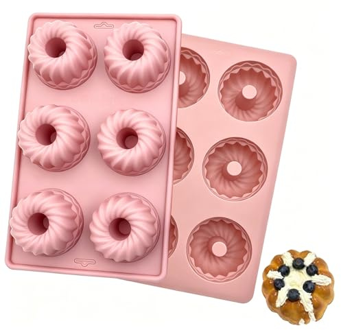 Brizuf 2 Stück Mini Gugelhupfform Silikon 6 Capacity, 27 * 16.3 * 3cm Wiederverwendbare Silikon Backform, Silikon Gugelhupfform Gummibärchen Form für Kuchen Muffins Brownie Pudding (Rosa)