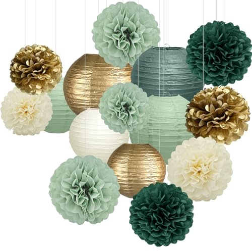 Tazuxetuqe 15 Piezas Decoración de Fiesta en Verde Salvia y Dorado, Faroles de Papel Colgantes y Pompones de Papel de Seda para Boda Boho, Cumpleaños Salvaje, Fiesta de Bebé y