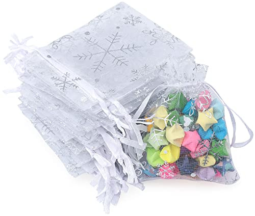 G2PLUS 7x9 CM Organzasäckchen Weihnachten Weiß, 100 Stück Kleine Geschenk Organzabeutel, Schneeflocke Organzasäckchen mit Kordelzug für Geschenk Weihnachten Deko