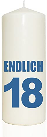 WB wohn trends Spruchkerze, ENDLICH 18, blau, 20cm, 765g d8cm, Kerze mit Spruch, Brenndauer ca 70 Std