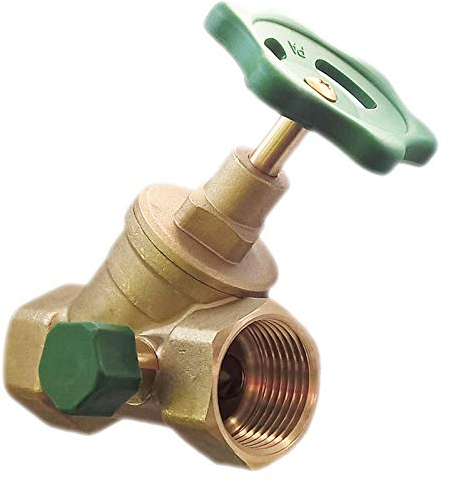 Schrägsitz Absperr Ventil aus Messing 3/4 Rohr Zoll Innengewinde IG x IG DN20 Druck PN16 Bar mit Entleerung mit Drehgriff Grün