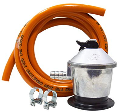 S&M 591013 – Kit estándar para bombona de Gas butano: regulador + Tubo de Goma (1,5 Metros) + 2 Abrazaderas de Seguridad | para cocinas, Calentadores, barbacoas, hornillos, Estufas y paelleros