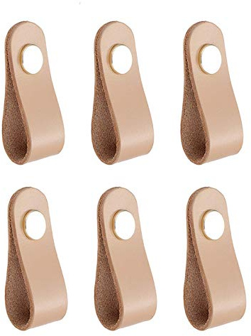 feedal Ledergriffe, Ziehgriff für Kommoden, Schubladen, 7 cm, Einzelloch, Schrankknauf, Schubladenknauf, Ziehgriff, echtes Leder, Beige, 6 Packungen (Beige)
