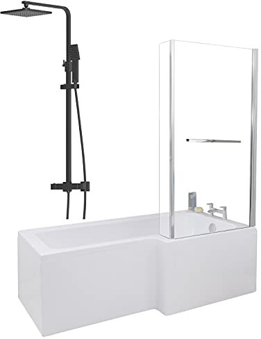 1700 x 855mm Right Hand L Shaped Shower Bath Bathroom Bathtub Glass Shower Screen with Rail Front Panel & Thermostatic Mixer Shower Set Handheld Black Square Rainfall Head