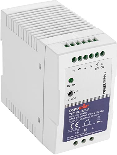 Poppstar Ultra-Slim Netzteil für Hutschiene 12V DC 7,5 A 90W DIN Rail Netzteil (90 W, mit PFC) Trafo für Hutschienen 55x100x92mm
