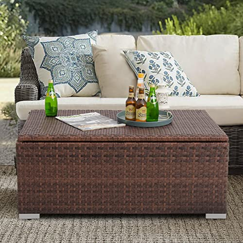 DIMAR GARDEN Mesa de centro de almacenamiento de mimbre al aire libre, muebles de patio, caja de almacenamiento de ratán, jardín de césped