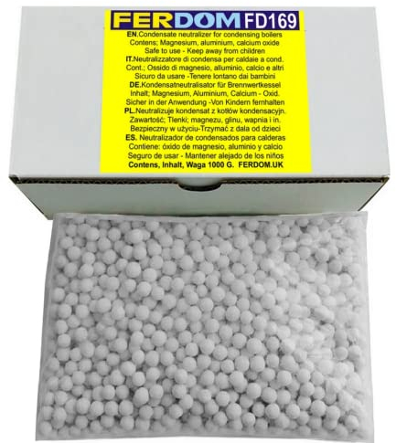 FERDOM FD169 1kg. Neutralizador de Condensados Para Todo Tipo de Calderas de Condensación. Protege los Sistemas de Alcantarillado y el Medio Ambiente del Agua. Pellets 5-10mm, pH 8-10. Producto Seguro