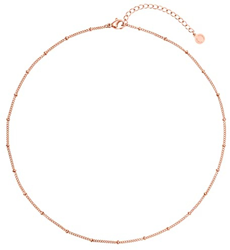 day.berlin Filigrane Damen Halskette Point 18k Rosegold vergoldet, 43cm + 5cm variable Länge mit kleinen Kugeln, 316L Edelstahl Kette, nickelfrei & wasserfest