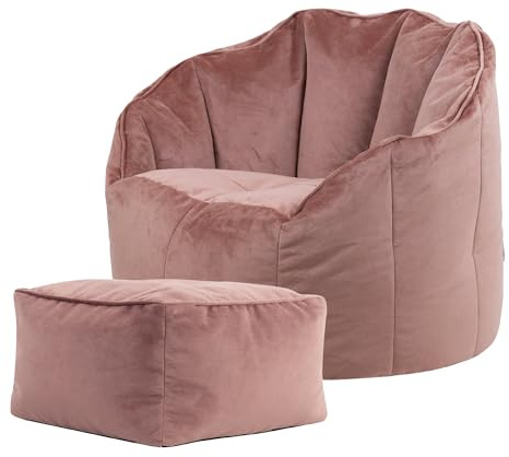 icon Sirena Pouf Poltrona con Poggiapiedi, Rosa, Sedia Velluto, Grande Pouf Sacco con Riempimento Incluso, Poltrona Conchiglia, Camera da Letto, Soggiorno, Mobili Soggiorno