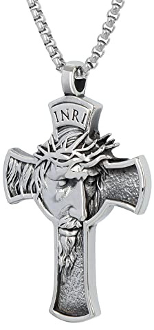 LeapoFaith Jesus Cross Pendant for Car Rear View Mirror Accessories Decor Stainless Steel Cross Necklace Men Christian Gift (Silver)