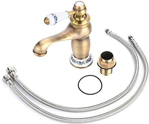 Rivet Mitigeur Vintage Double Température pour Lavabo Salle de Bain Doré Motif Floral Rétro Robinet Thermostatique Céramique Mixeur Eau Froide Chaude