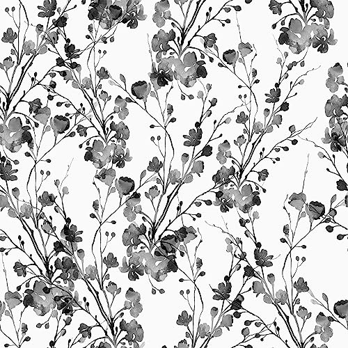 VEELIKE Tapeten Blumen Schwarz Weiß Aquarell Blumentapete Vintage Tropische Blätter Fototapete Schlafzimmer Schrankaufkleber Badezimmer Möbelfolie Muster Küchentapete Tisch Wohnzimmer 44.5cm×300cm