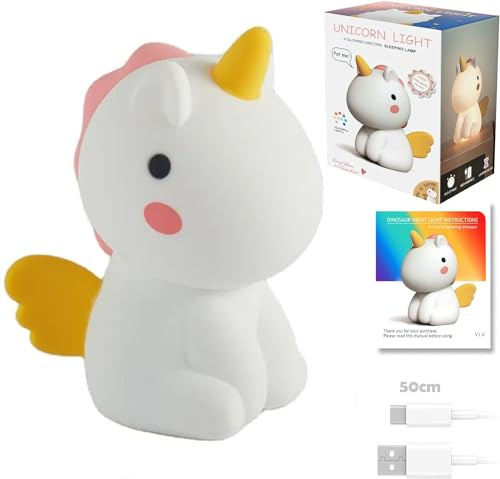 YverLand Lamparita Recargable Infantil para Mesita de Bebé. Táctil, Quita Miedo, Anti-Oscuridad. Regulable en Intensidad con Luz LED para Noches Dulces y Tranquilas (Unicornio)