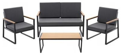 VBChome Gartenmöbel-Set 4-teilige Grau Zwei Stühle Sofa und Tisch Aluminium-Möbelset Verbundplatte Stabile Konstruktion Balkon Terrasse Garten Moderner Stil Gartenmöbel Grau Polyester Kissen