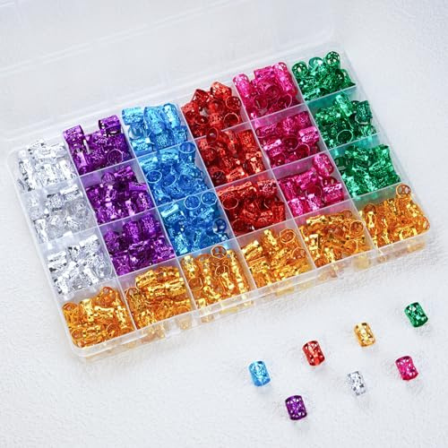 PARXITN 400 Stück Premium Dreadlocks Beads Set Haarschmuck, Aluminium Dreadlocks Perlen für Dreadlocks Flechtfrisuren, Verstellbare Metallmanschetten Haarringe Haarschmuck 7 Farben gemischt