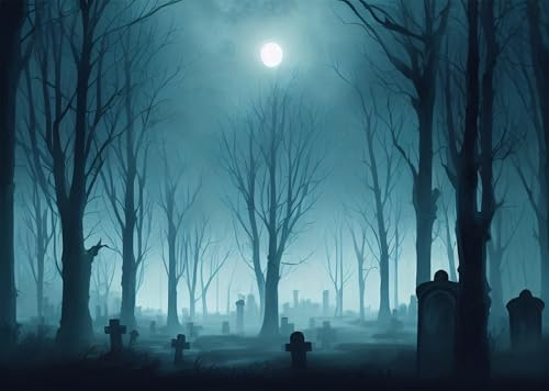CORFOTO 5.2x3m Toile de Fond de cimetière Effrayant de Nuit Fond d'halloween Forêt Sombre Toile de Fond de Photographie d'halloween Nuit de Lune hantée brumeuse Sombre Décor de fête d'halloween