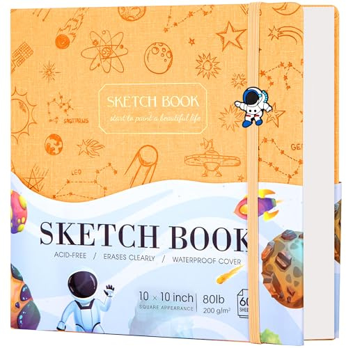 FLYING EAGLE Sketch Book for Kids 10X 10 Large Hardcover Sketchbook for Drawing 120GSM Thick Paper, Square Art Drawing Paper 120 Pages Sketch Pad for Boys Girls Teens,Gift Boxed, Yellow