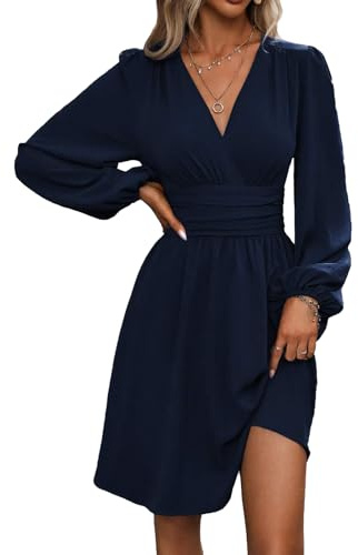 LIAMERHE Women's Winter Midi Dress A Line V-Neck Wrap Long Sleeve Sundress Ladies Casual Elegant Autumn Solid Dress with Lantern Sleeves Navy Blue L